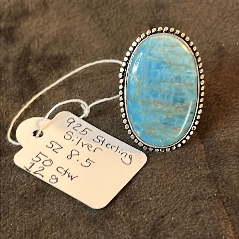 NWT ARTISAN CRAFTED NATURAL BLUE APATITE OVAL RING IN 925 STERLING SILVER SZ8.5 - Picture 11 of 12